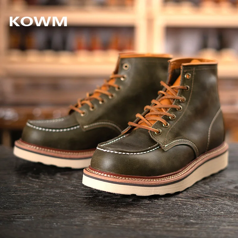 KOWM Hiking shoes men\'s walking boot leather trekking shoes thick soled cowhide high top motorcycle boots British Ankle sneakers