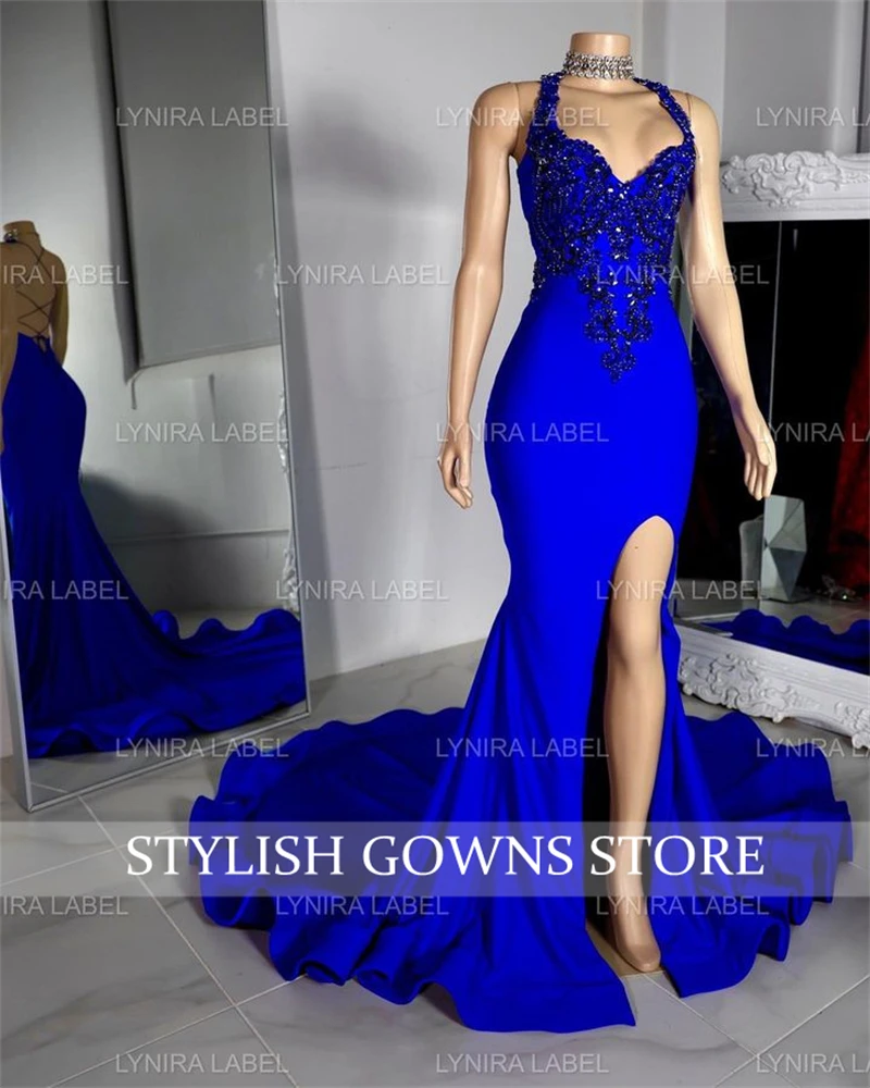 Royal Blue Sweetheart Long Prom Dress For Black Girls 2024 Beaded Crystal Birthday Party Dresses Evening Gowns Slit Customized