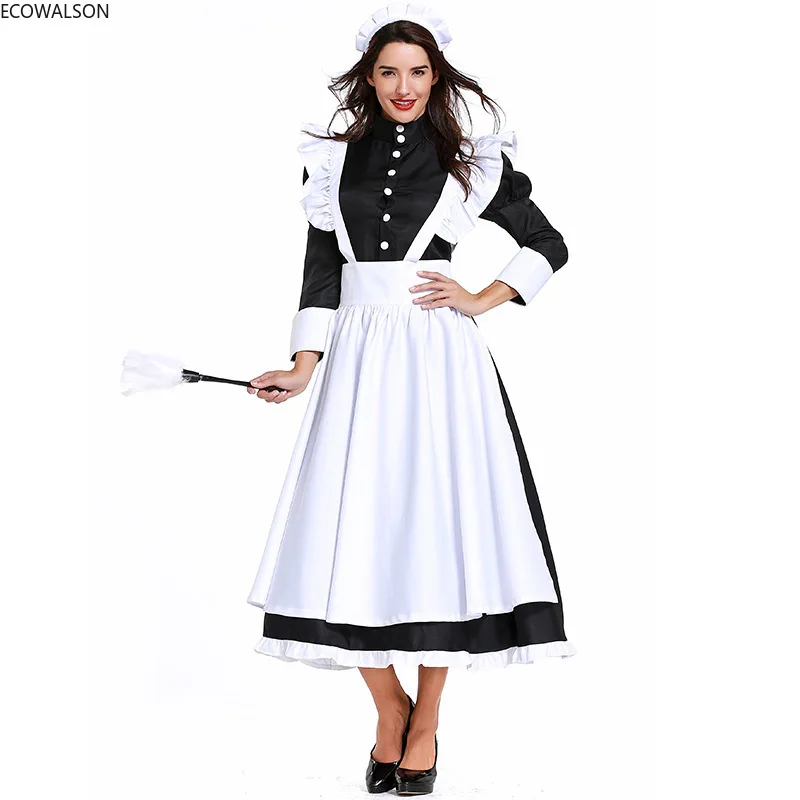 

2022Hot Men's Women's Maid Dress Anime Cosplay French Restaurant Long Style Maid Costume Apron Dresses Black White Long Skirt 30