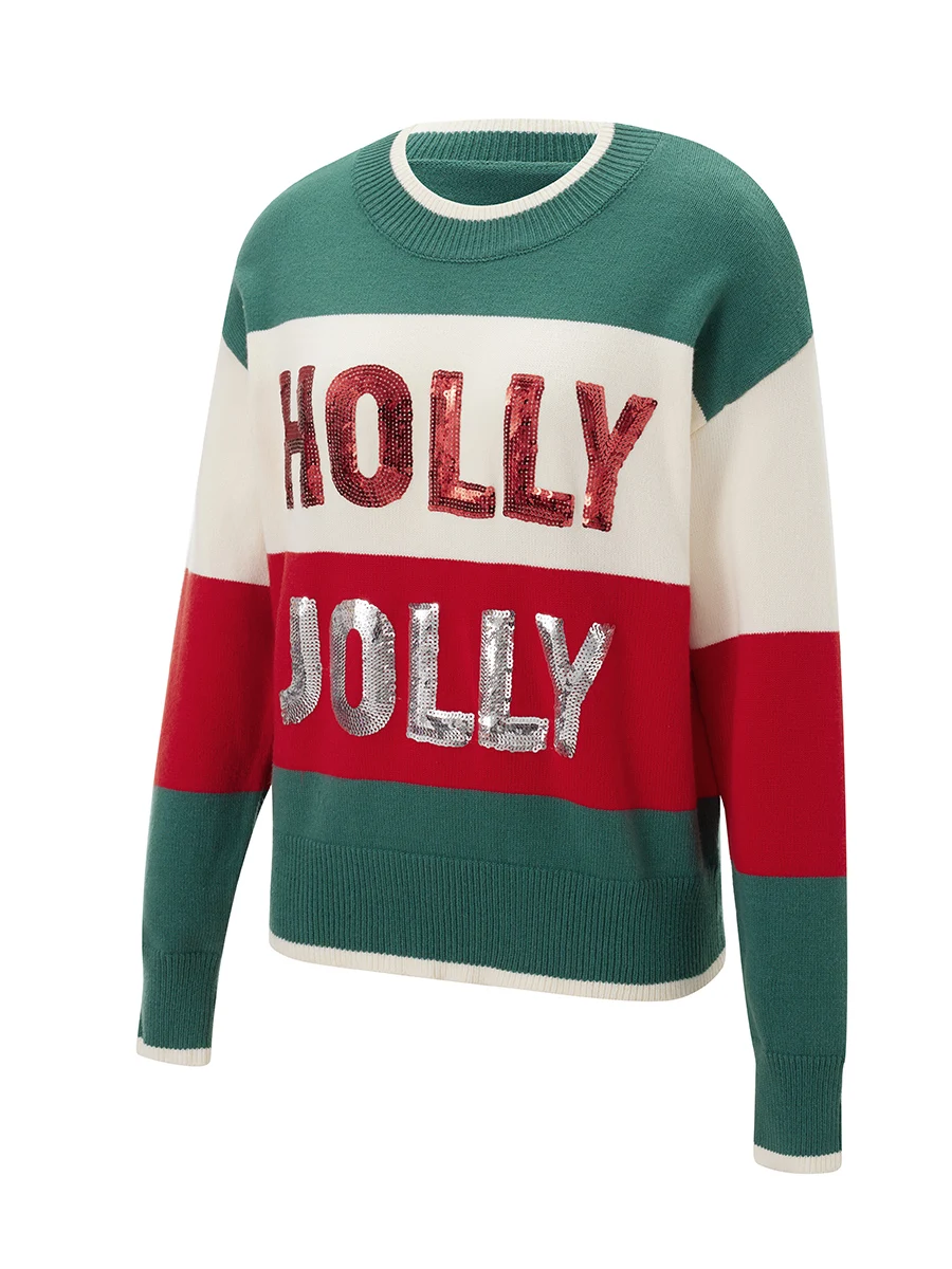 Women s Christmas Knit Sweater Long Sleeve Crewneck Sequins Letter Casual Striped Knitwear