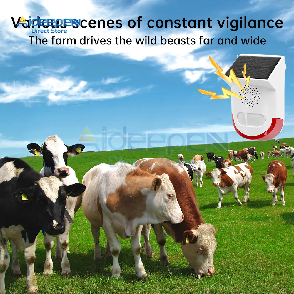 Outdoor Solar PIR Infrared Alarm Smart Siren Waterproof Wireless 433MHz Burglar Strobe Sensor 3 Work Modes For Farm Orchard