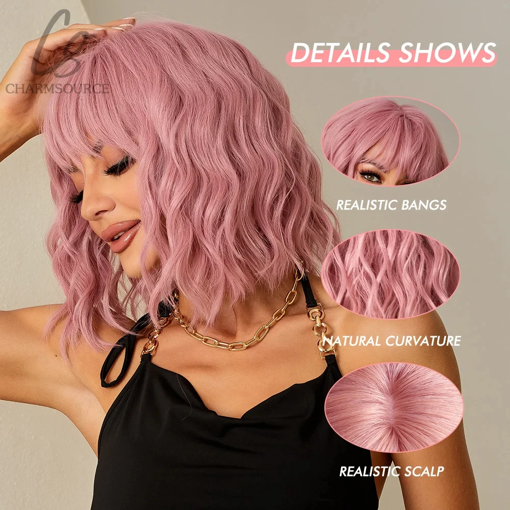 CharmSoure Pink Short Wavy Cosplay Lolita Wigs with Curly Bangs Natural Bob Synthetic Hair Wig for Women Heat Resistant Hair