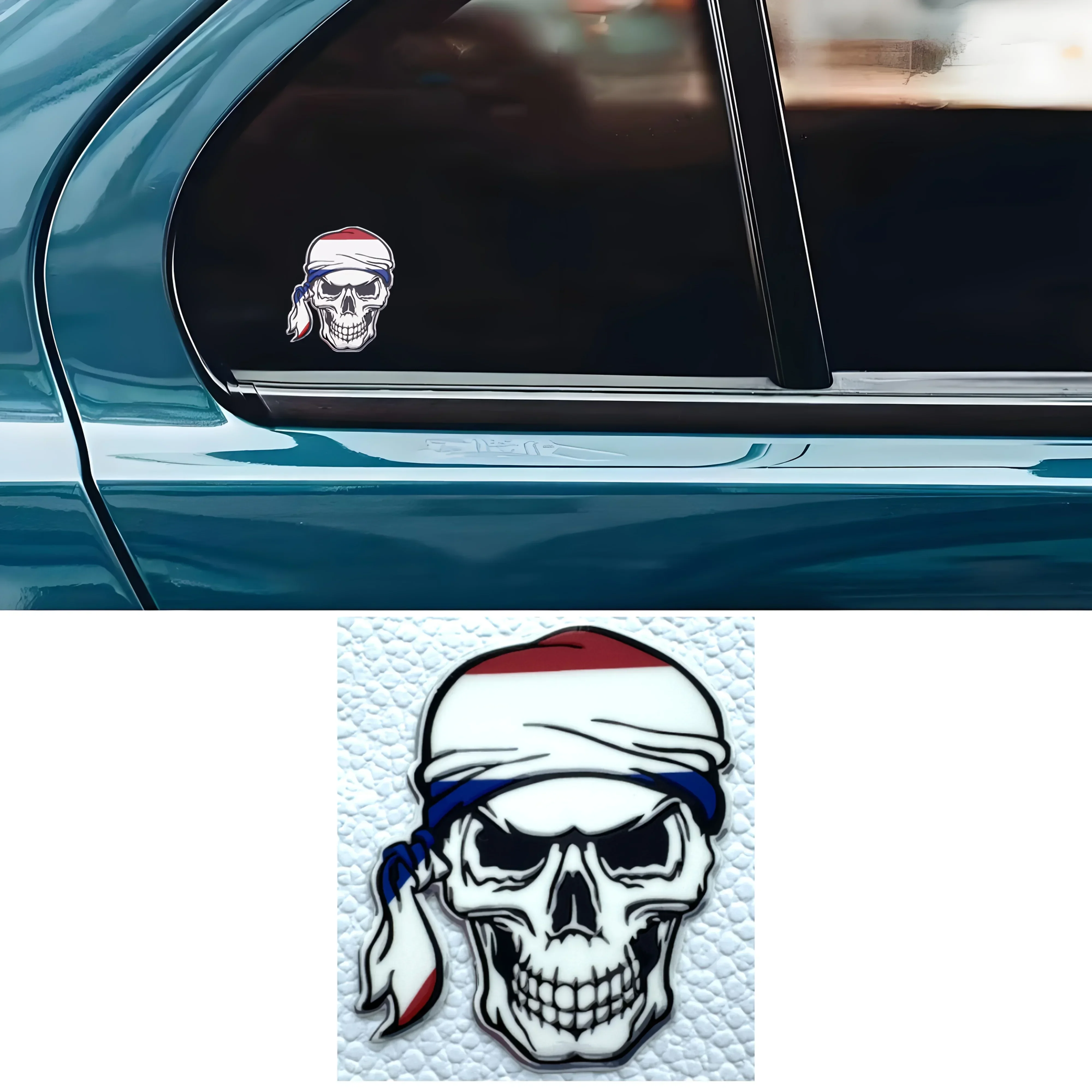 1PC Red-White-Blue Pirate Skull Car Sticker, Unique Auto Accessory for Car Personalization
