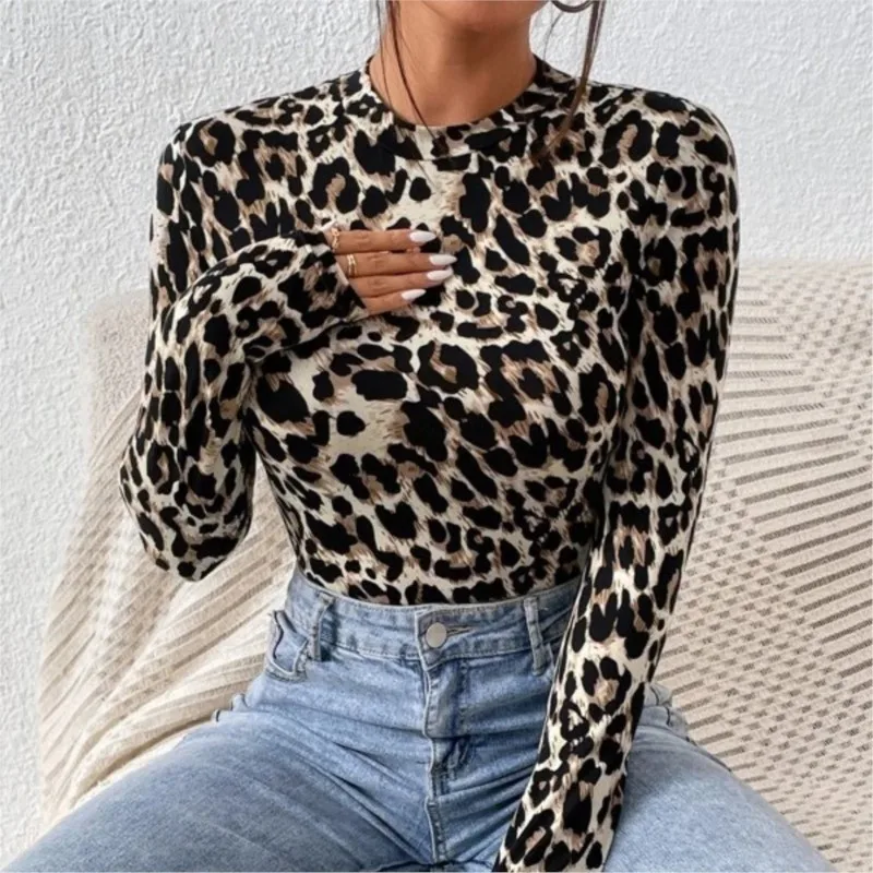 Trendy Sexy Tight Women's Bodysuits Women's O Neck Long Sleeve Fashion Leopard Print T-shirt Tight Girly Style Bodysuit Top