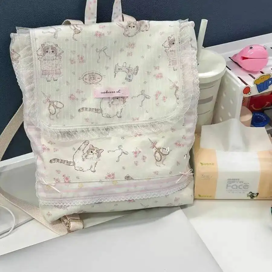Bloom Sweet Cat Print Canvas Backpack Women Fairycore Aesthetic Lace Large Capacity Backpacks Girls Haruku Kawaii Mochila