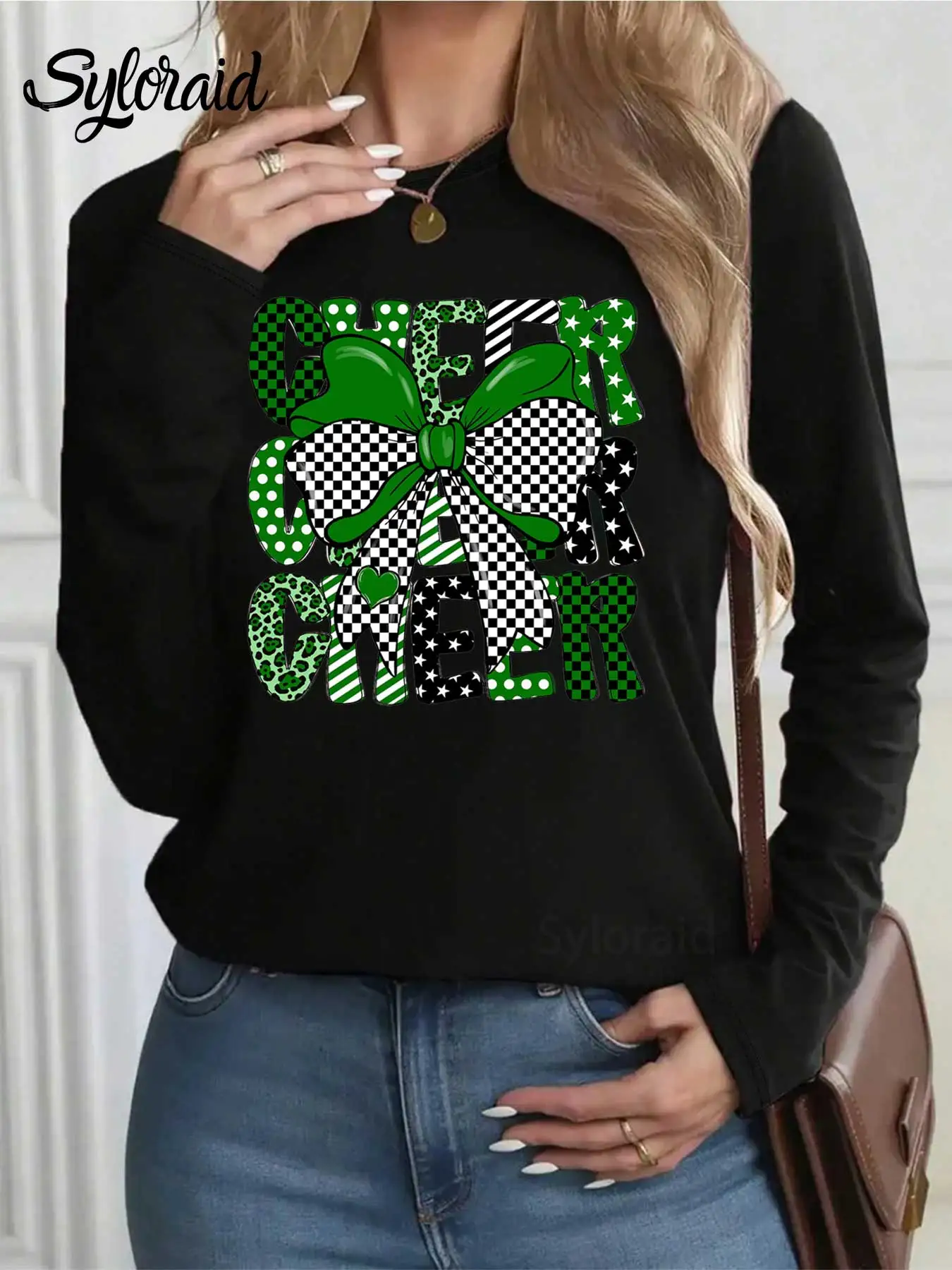تي شيرت نسائي طويل الأكمام بفيونكة خضراء لكرة القدم يهتف جرافيك تي شيرت لعبة يوم قميص موضة رقبة مستديرة كاجوال #2