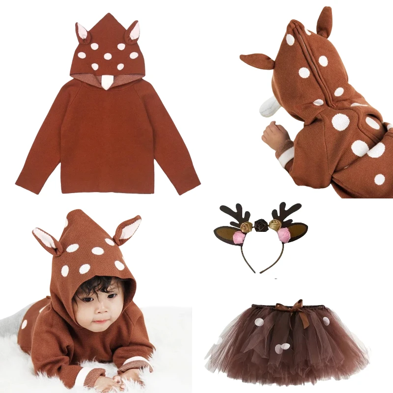 

Girls Christmas Elk Cosplay Deer Knit Sweater Tutu Skirt Headwear Full Set Princess Dress Role Play Outfit Xmas Theme Party