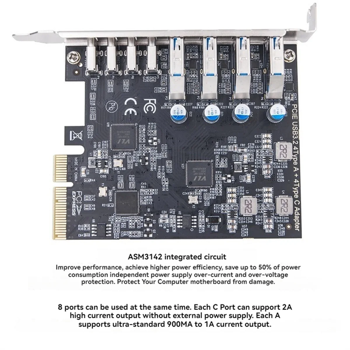 Новая карта расширения PCIE USB3.2 GEN2 10 Гбит/с PCI Express X4 на 4 порта TYPE A + 4-портовый адаптер TYPE C USB-концентратор для настольного ПК