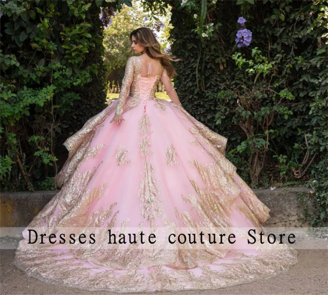 Luxe Roze Kant Gold Applicaties Quinceanera Jurken 2023 Pearl Lange Mouwen Ruches Zoete 15 Jurk Vestidos De Quinceañera