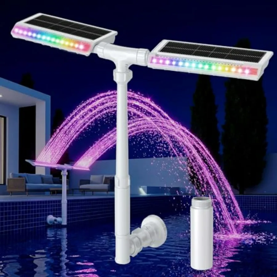 

Solar pool fountain for inground/above ground pools, ABS plastic, white, dual-head adjustable spray with 10-color 4-mode LED li
