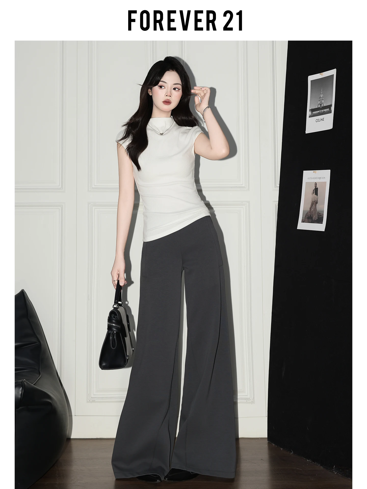 Calça Casual Feminina Cinza de Cintura Alta e Perna Larga, Novo Estilo 2026, com Caimento Fluido e Efeito Emagrecedor, Calça Reta Solta Forever 21