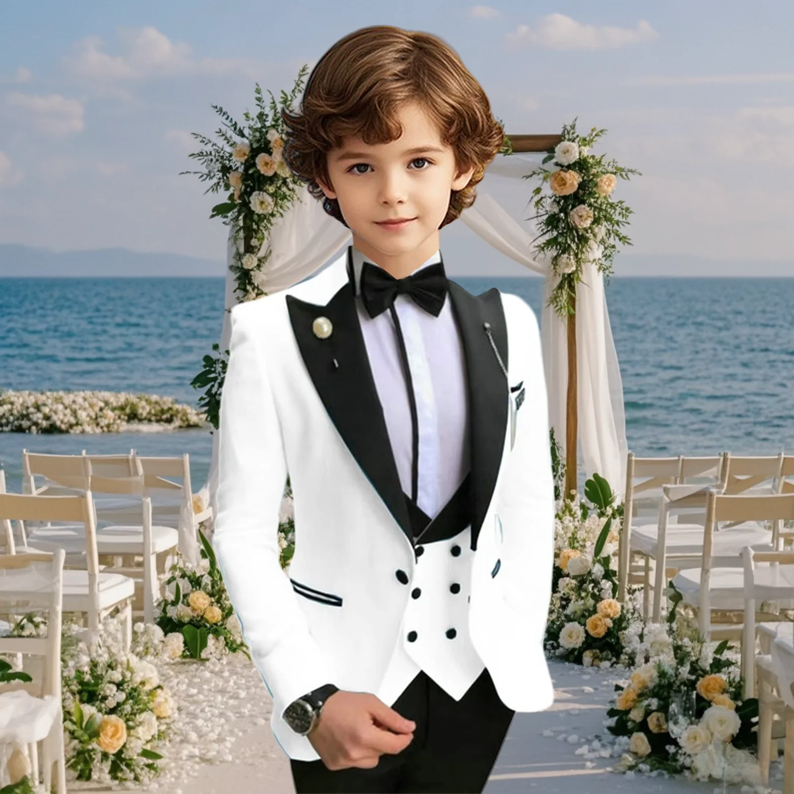 

Notched Laple White Suit Set for Kids Wedding Suits for Flower Boy, Kids Formal Suit Set 4 Pieces Classy Tuxedo for Children