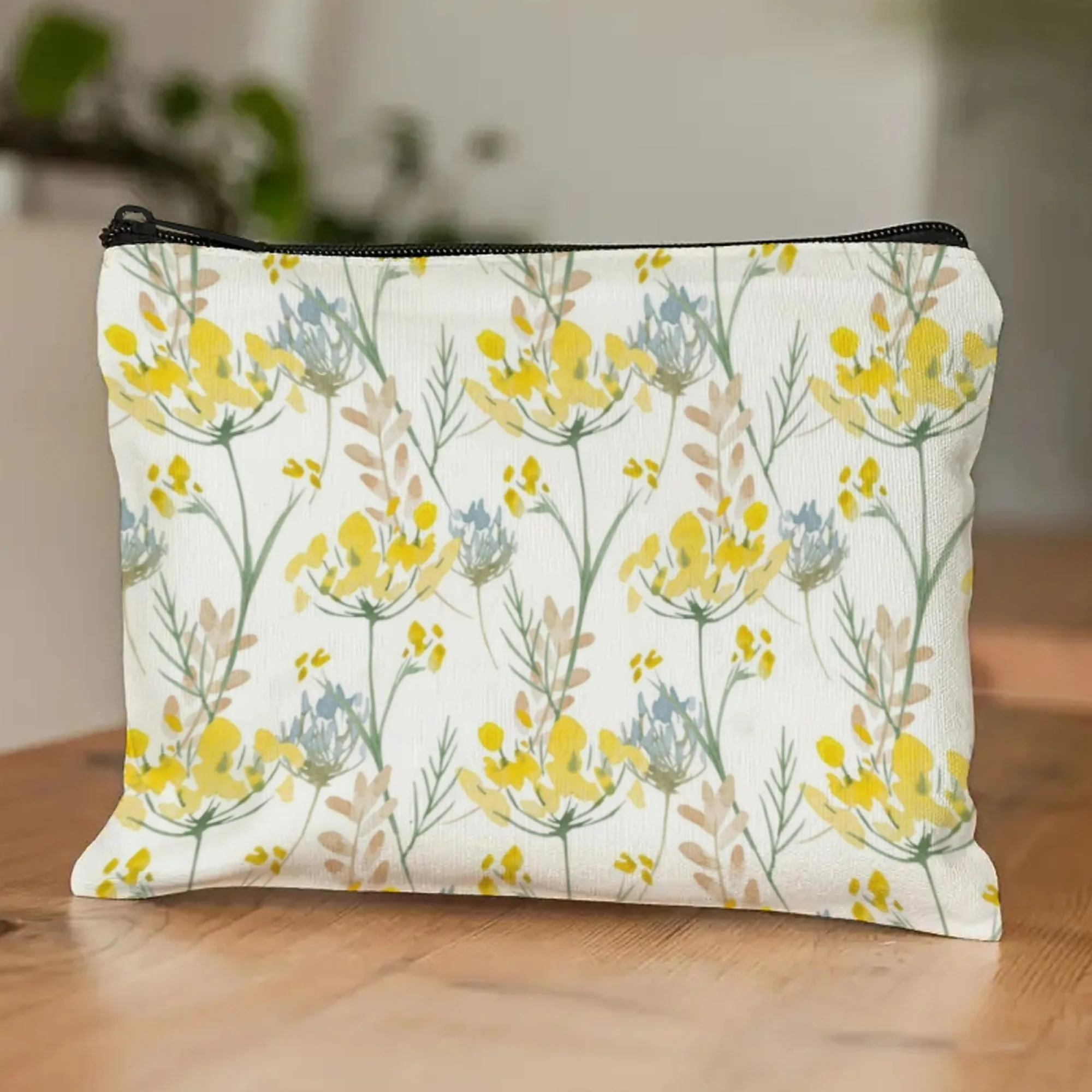 Pastoral Literary Floral Cosmetic Pouch Wheat Beige Daffodil Clusters & Grass Blades Capture Countryside Beauty Organization