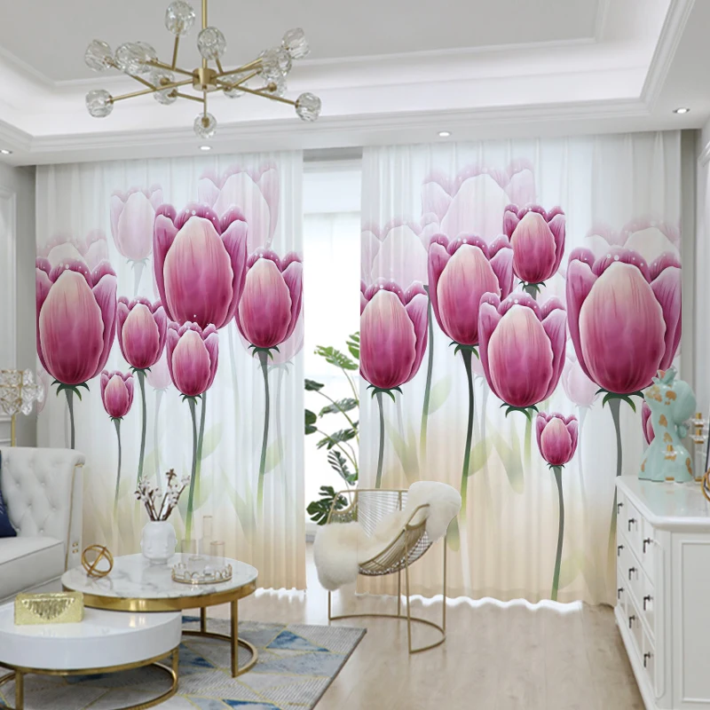 Pink Flower Curtain Green Plant Pastoral Decor Sheer Screen Curtain Living Room Bedroom Floor-to-ceiling Window Voile cortinas