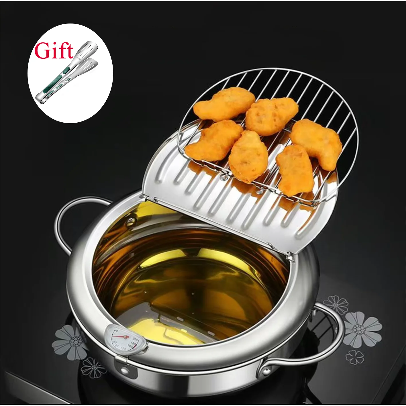 

Tempura Fryer Pan Japanese Deep Frying Pot with a Thermometer and a Lid,304 Stainless Steel Frying Pan ,Kitchenware 20 /24 /28cm