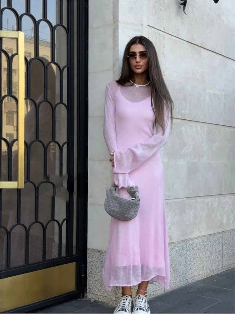 Elegante vestido halter de cor sólida conjunto de duas peças primavera outono senhoras moda transparente recorte vestido longo feminino vestidos finos