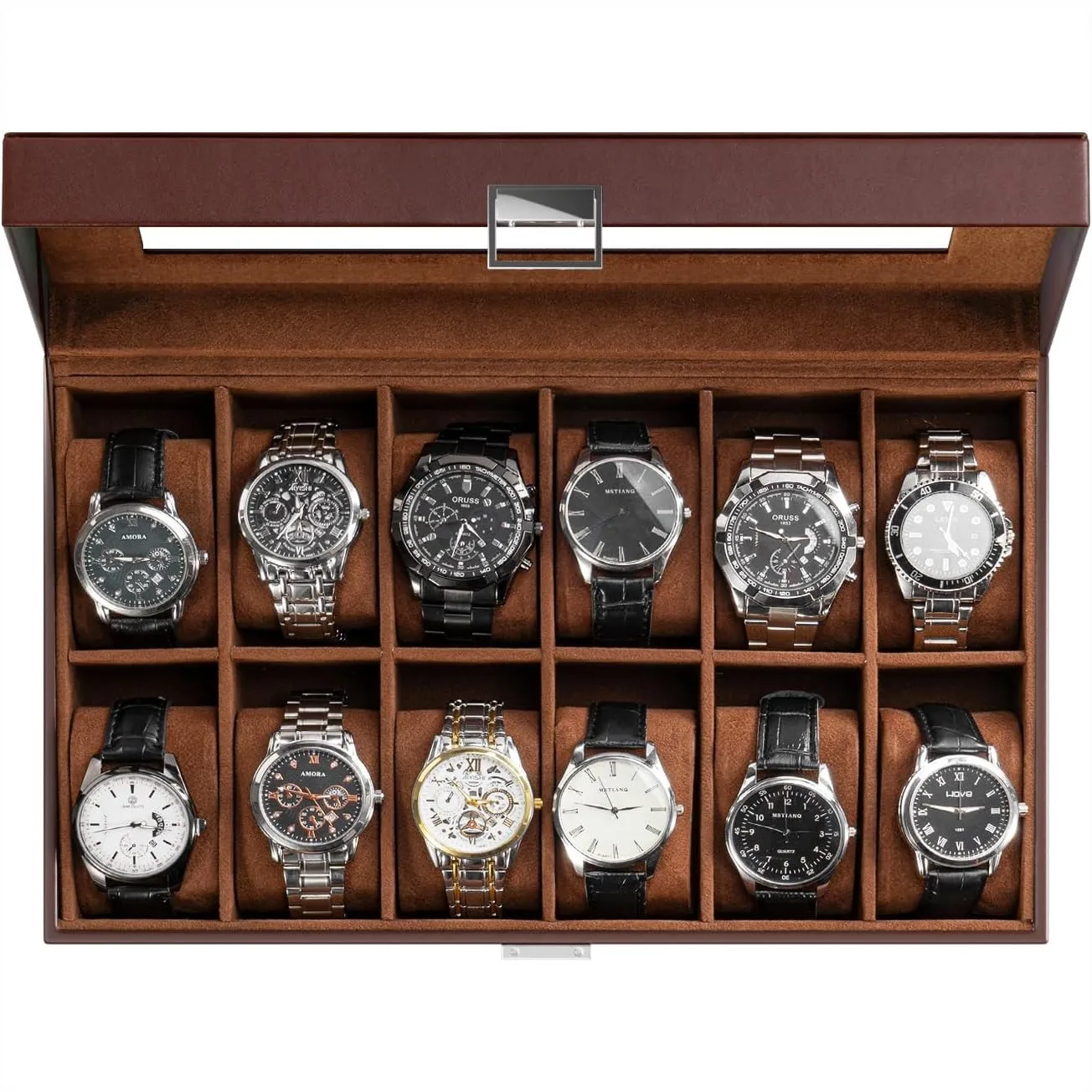 12 Slot Watch Display Case with Glass Lid - PU Leather Watch Storage Box for Men, Organizer for Dad Father's Day Gift