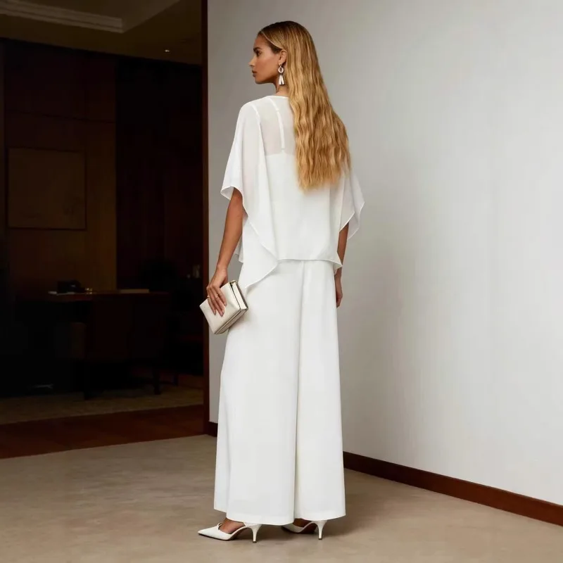 2026 New Women White Chiffon Jumpsuit Elegant Formal Evening Party Wide Leg Mesh Sleeve Prom Wedding Guest Cocktail Dress Set view 2