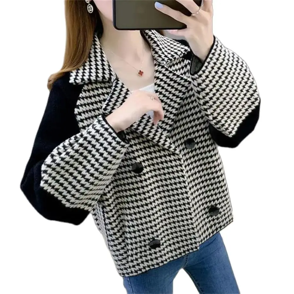 

Plaid Autumn Mink Fur Coat Winter Versatile Temperament Jacket Tops Wool Blends Women Causal Houndstooth Knitted Jacket Loose