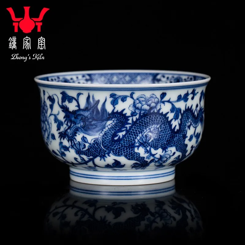 Zhongjia Kiln Master Cup High-End Jingdezhen Firewood Kiln Blue and White Full Painted Peony Twine Dragon and Phoenix Rushi Cup