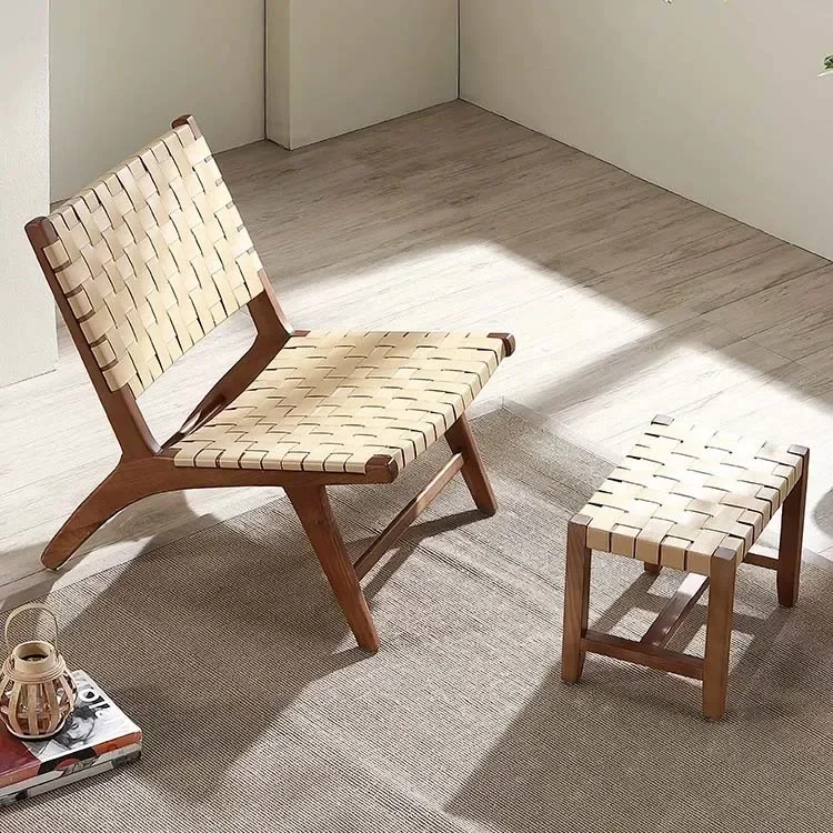 

l # Luxury Living Room Solid Wooden Rattan Woven Single Chair With Ottoman Modern Balcony Coffee Shop Lounge Chair