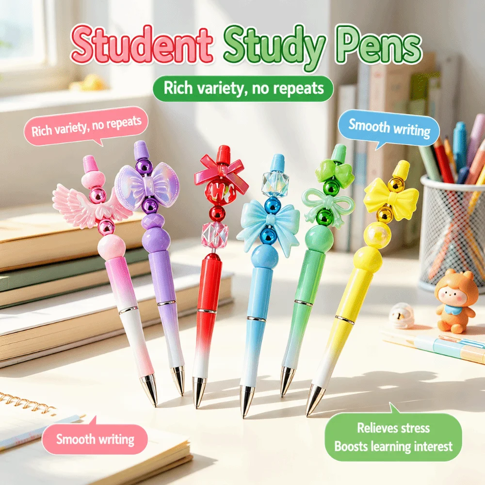 Smooth Writing Beadable Ballpoint Decorative Stacked Beads Bow Topper Ballpoint Pens Gradient Color Plastic Beaded Ballpoint Pen