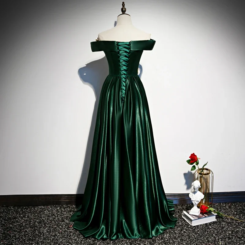 Evening Dress Green Satin Appliques A-line Floor-length Off the Shoulder  Short Sleeves Plus size Party Formal Gowns Woman R1487