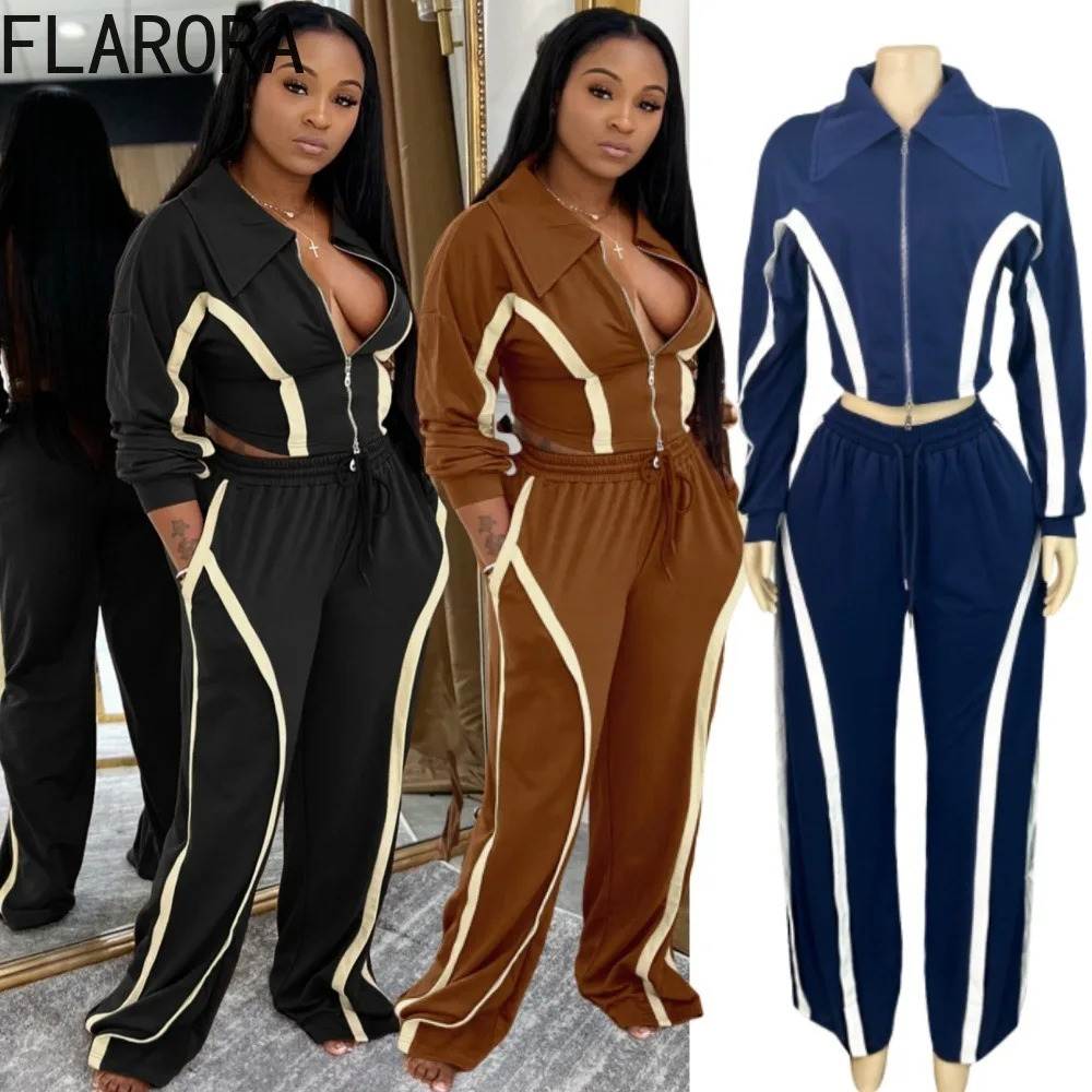 

FLARORA Fashion Stripe Patchwork 2 Pcs Set Woman Lapel Long Sleeve Zip Crop Jackets And Drawstring Pants Suits Street Tracksuits