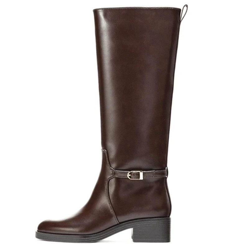 

Designer Winter Long Boots Women Round Toe Belt Buckle Brown Chunky Heel Knight Boots Fashion Leather Women Knee High Boots