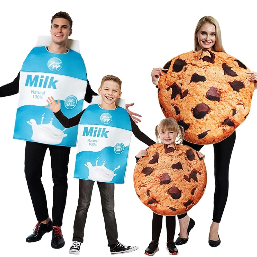 

Couple Cookies and Milk Carton Box Costume Family Cute Food Halloween Costume For Adult And Kids Purim Carnival Outfit