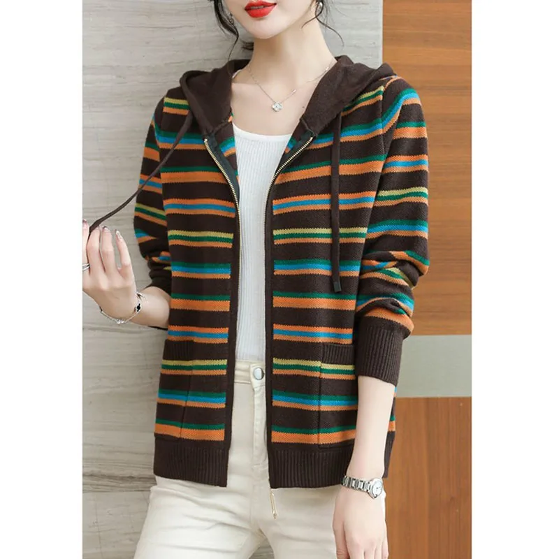 2024 New Korean Autumn Knitted Jacket Women Casual Long Sleeve Hooded Stripes Cardigan Sweater Female knitwear Tops