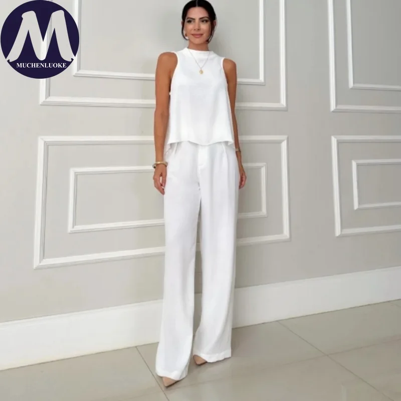 

Женский комплект из 2 предметов, летние новые элегантные топы без рукавов с круглым вырезом, модные повседневные свободные женские комплекты с широкими брюками