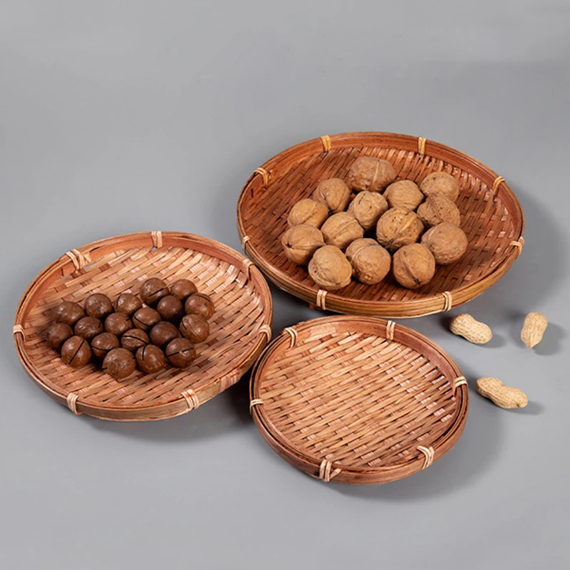 Bandeja de bambu para secagem, cesta redonda para alimentos, bandeja para pastelaria, prato de bambu para casa, lanche, armazenamento de frutas, recipiente de secagem