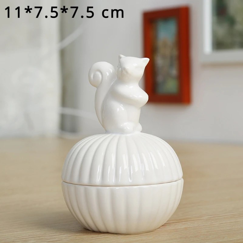 Creative White Ceramic Crafts Cute Little Animal Jewelry Box Rabbit Kittens Bird Packaging Storage Case Ornament Home Decoration