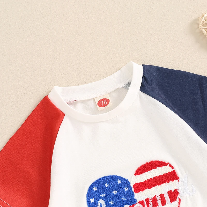 

Baby Boys Girls Independence Day Outfit Heart Embroidery Short Sleeve Tops Star Print Shorts Toddler Summer Set