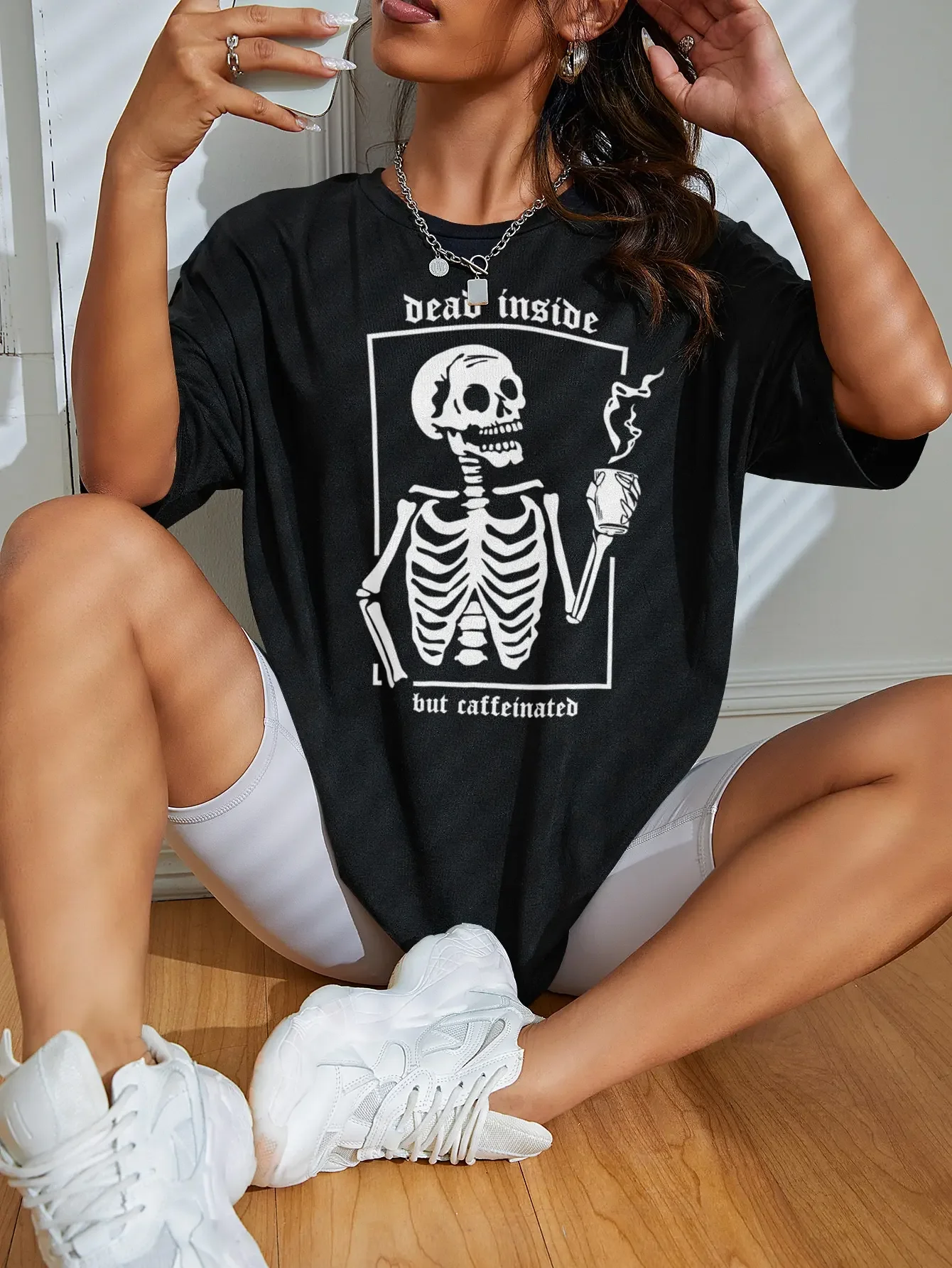 

Dead Inside But Caffeinated Cotton Print Tee Topsharajuku Trend Tshirts Fashion Summer Tee Shirts Loose Street Individualclothes