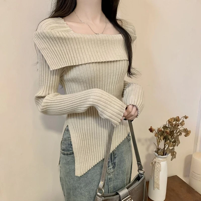 

Сексуальные тонкие красные свитера с открытыми плечами, женские вязаные пуловеры с длинным рукавом Y2k, одежда для офиса, женские черные топы, повседневные джемперы