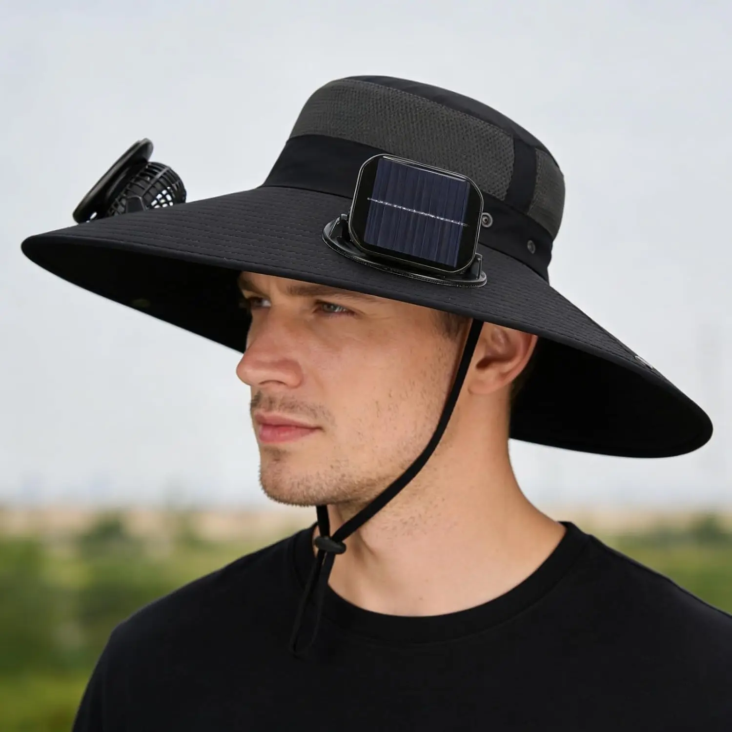 Solar Powered Fan Hat Wide Brim Sun Hat with 2 Removable Fan Rechargeable Summer Visor Cap for Outdoor Camping Hiking Fishing