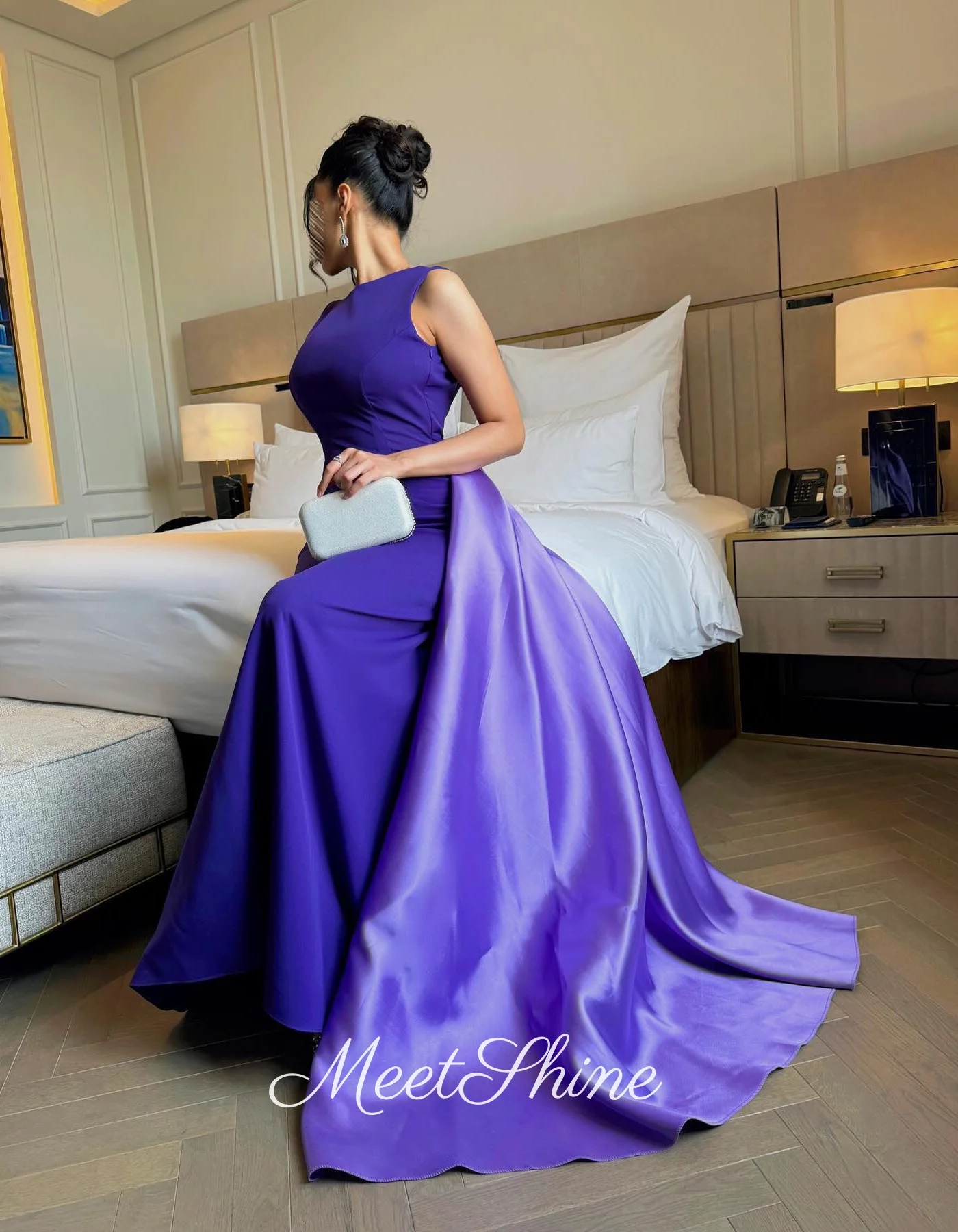Elegante sirena viola con scollo a O in raso فساتrapbookingmaveraLusso con gonna oversize Abiti da sera senza schienale Arabia Saudita Personalizzato