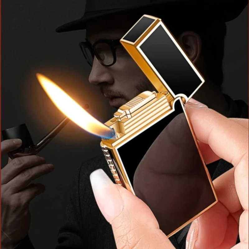 Retro Business New Metal Loud Oblique Fire Side Sliding Lighter Butane Gas Rechargeable Pleasant Men'S Open Flame Lighter Gift