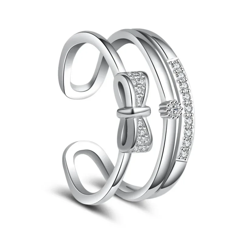 Lovely 925 Sterling Silver Dazzling Zircon Micro CZ Openig Rings for Women Double Bowknot Multi-layer Jewelry Anillos Resizable