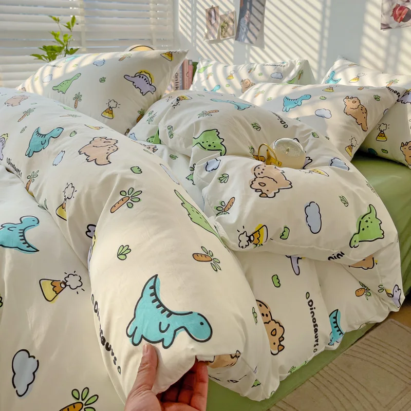 Cartoon Dinosaur Kids Duvet Cover 4pcs Bedding Set Cute Dino Quilt Cover Polyester Comforter Cover 1 Flat Sheet 2 Pillow Shams