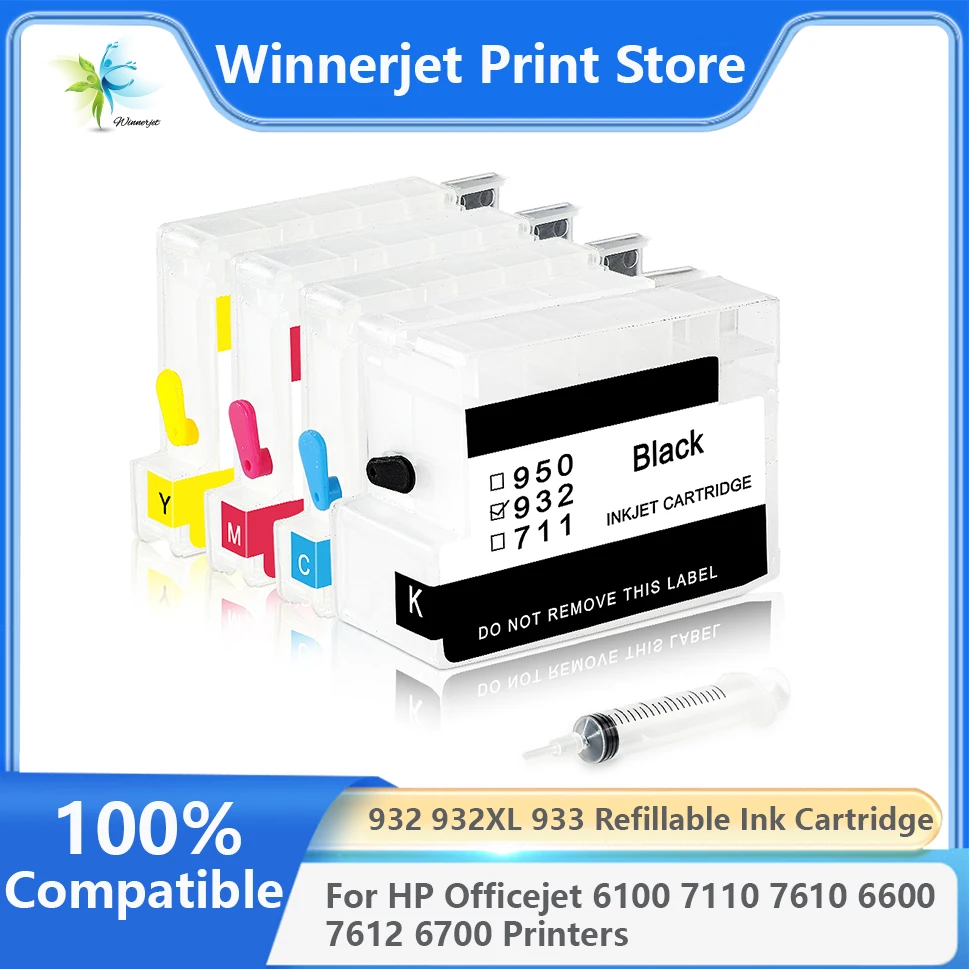 WINNERJET 932 932XL 933 Refillable Ink Cartridge Compatible For HP Officejet 6100 7110 7610 6600 7612 6700 Printers With Chip