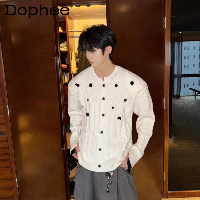 

2025 мужские осенне-зимние новые шикарные маленькие ароматные вязаные топы ручной работы с бисером, мужской маленький свитер с цветочным принтом, кардиган, вязаные куртки