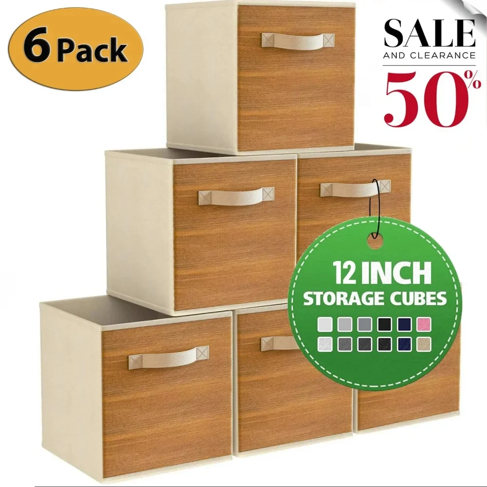 12 Inch Foldable Cube Storage Bins Set of 6, Closet Organizers Bins and Storage Box for Toy Clothes-Brown