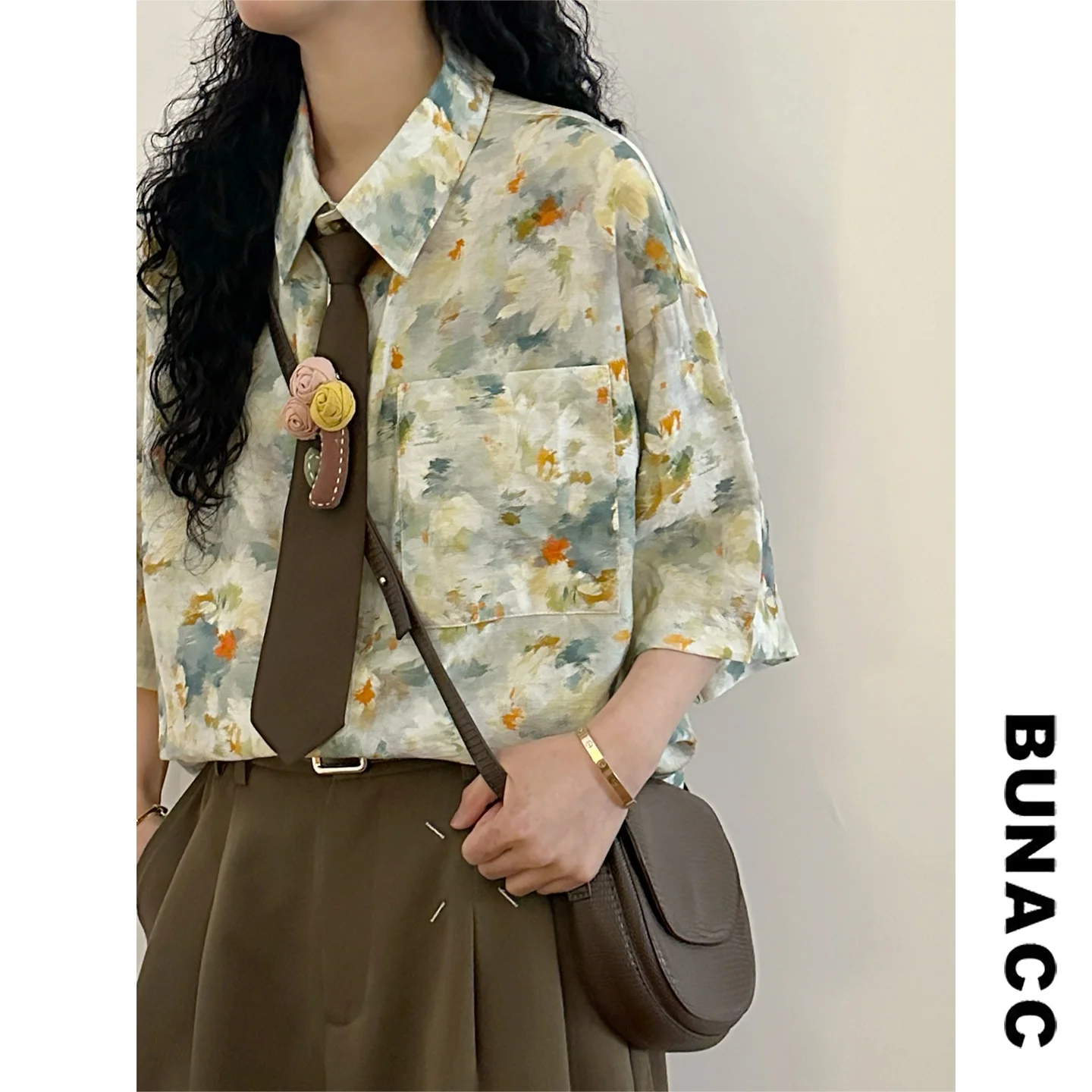 

Retro Summer Floral Print Short Sleeve Shirt Unisex Loose Fit Hong Kong Style Casual Neck Button down Cotton Blend Top