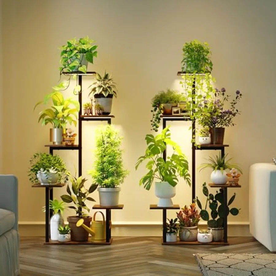 

Indoor plant stand with grow lights for corner use metal tiered shelf in black energy-efficient LED lighting and space-saving d