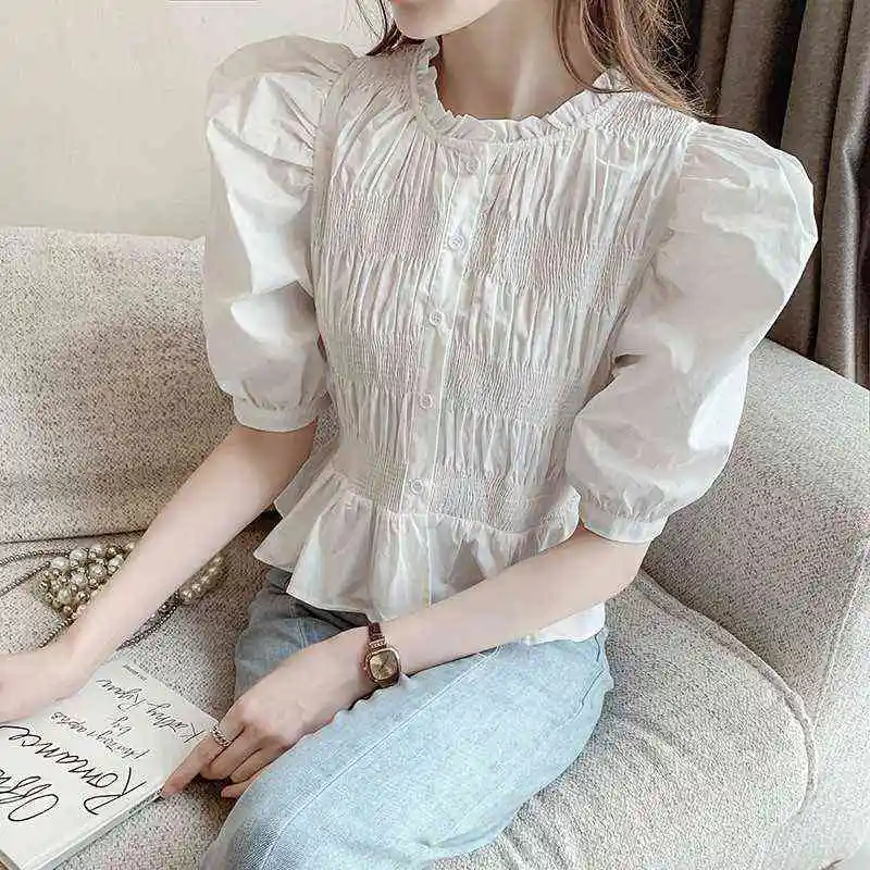 

Summer New Sle Women's Foreign Sle Sweet Puff SVE irt Korean Version Bubble Sve round Ne ort Sve Cotton Blend