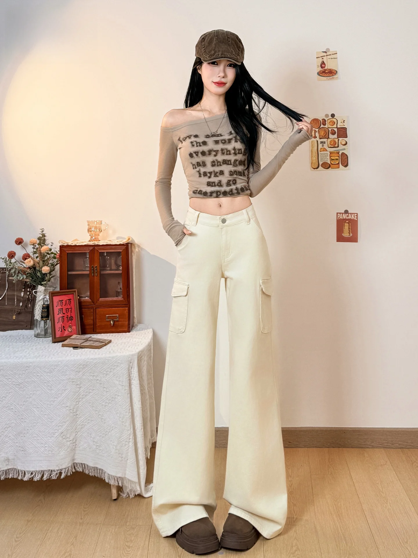 

American Retro Light Beige Bell Bottom Denim Jeans Women's New Design Summer High Waist Cotton Blend Casual Trousers