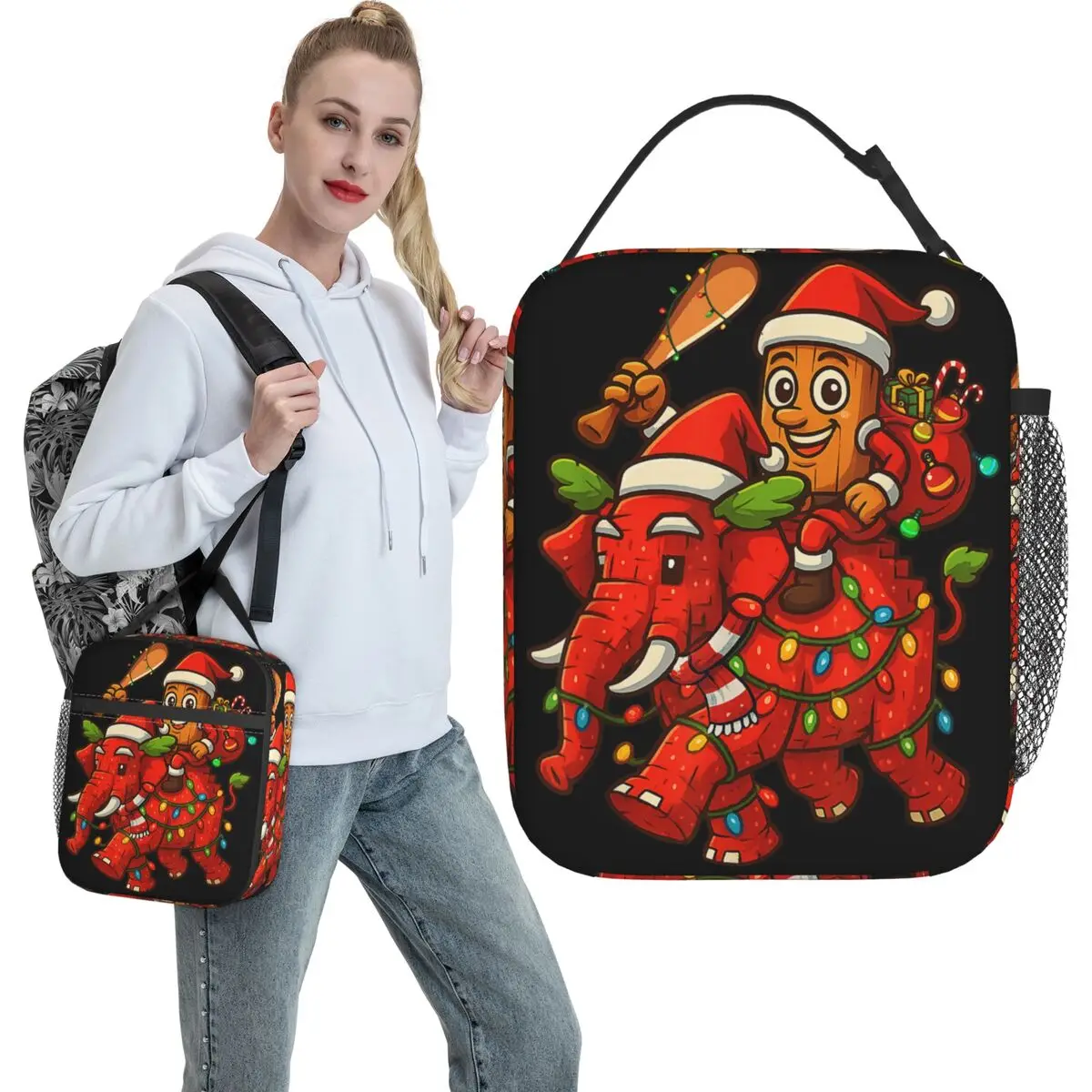 Tung Tung Sahur Riding Elephant Christmas Italian Brainrot Lunch Bag Funny Lunch Box For Unisex Travel Convenient Cooler Bag